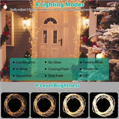US Local Birch Flower Wreath With Light String And Timer, 8 Modes, IP45 Waterproof
