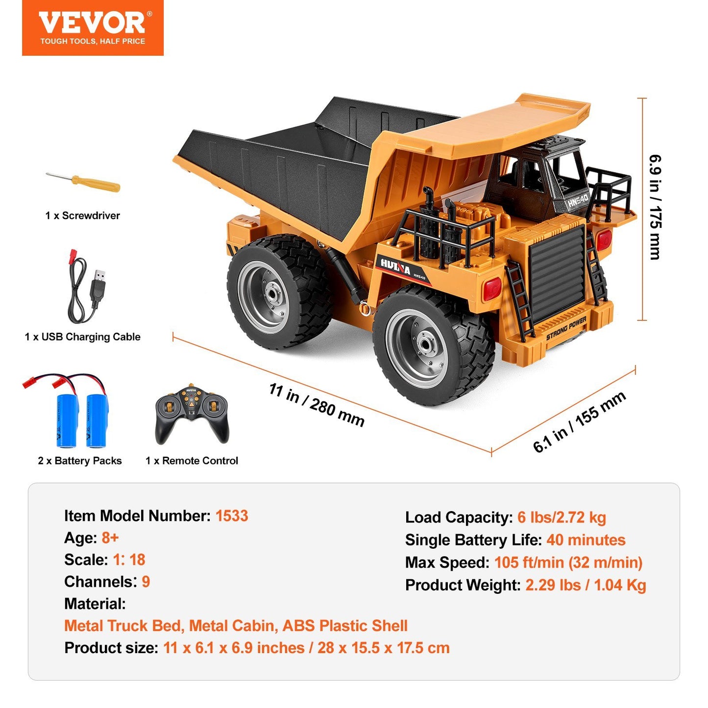 US Local Christmas Gift VEVOR RC Remote Control Dump Truck Toy Construction Vehicle Toy 9CH  Scale