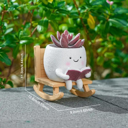 US Local 2 Pieces Of Cute Character Reading Rocking Chair Resin Flower Pots Indoor And Outdoor Plant Decoration Vase Home Flower Gift
