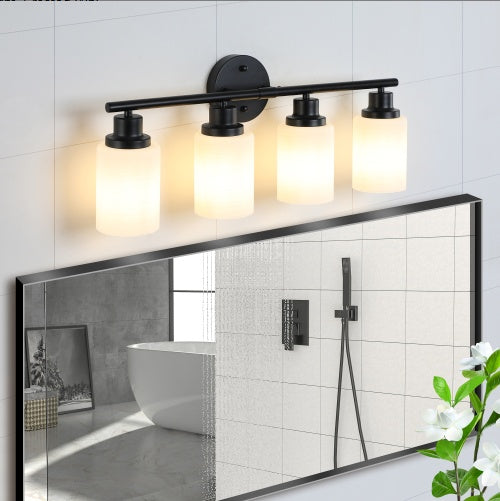 US Local 24 Modern 4-Light Vanity Bathroom Mirror Light, Frosted White Glass With Black Iron Frame, Contemporary Wall Sconce For Bedroom, Bathroom, And Dressing Room Bulb Not Included