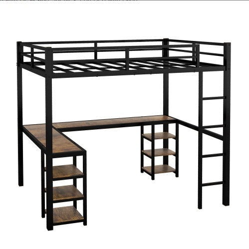 US Local Full Metal Loft Bed With Desk And Shelves, Loft Bed With Ladder And Guardrails, Loft Bed Frame For Bedroom