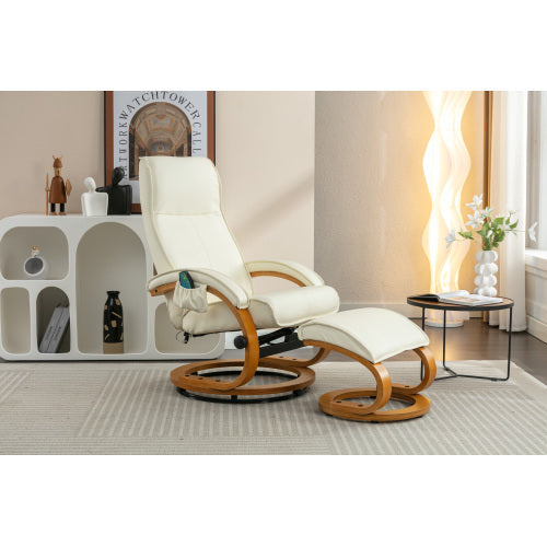 UK Local PU Upholstered Massage Recliner With Ottoman Footstool, 5 Points Massager, Bentwood Base For Living Room Bedroom, Beige