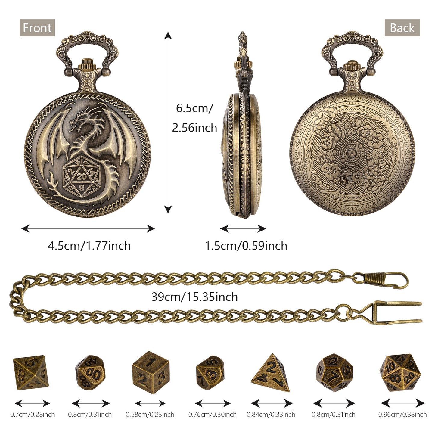 US Local Creative Thick Chain Pocket Watch Set, Equipped With 7 Mini DND Game Polyhedral Metal Dice Tabletop Role-playing Game Dice, Enhancing RPG Gaming Experience And Providing Players With Unique Gifts