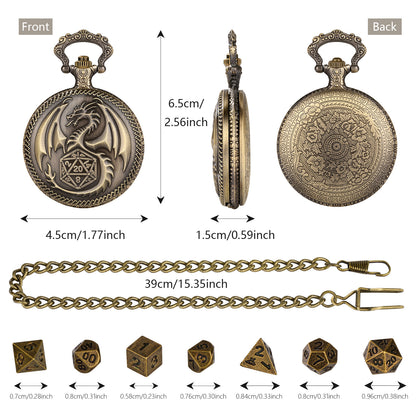 US Local Creative Thick Chain Pocket Watch Set, Equipped With 7 Mini DND Game Polyhedral Metal Dice Tabletop Role-playing Game Dice, Enhancing RPG Gaming Experience And Providing Players With Unique Gifts