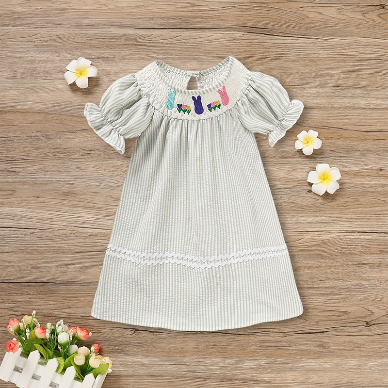 US Local Infant Baby Girls' Easter Bunny Smocked Dress Embroidered Short Sleeve Casual Summer Dress