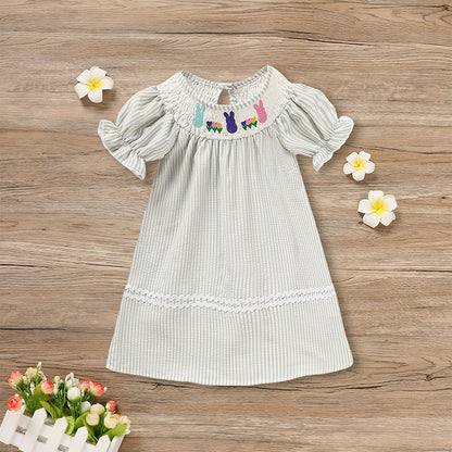 US Local Infant Baby Girls' Easter Bunny Smocked Dress Embroidered Short Sleeve Casual Summer Dress