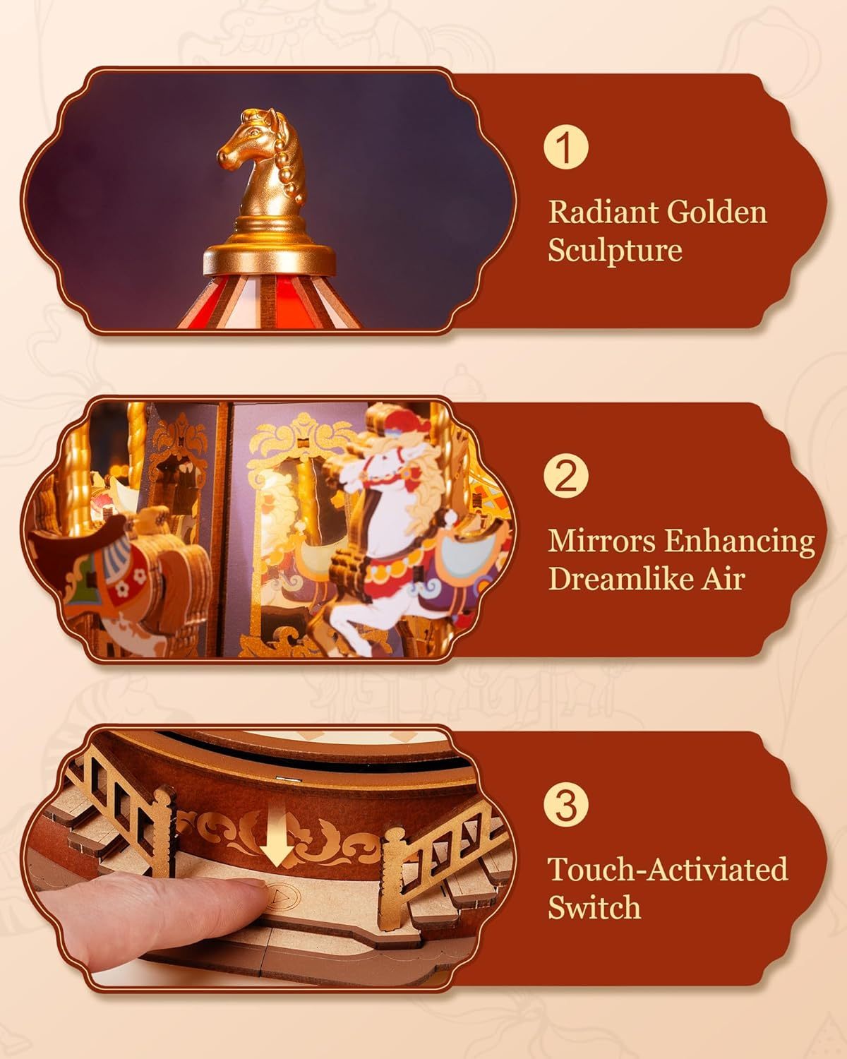US Local ROBOTIME 3D Wooden Puzzle Classic Carousel Music Box With LED Lights, Model Kits For Adults To Build, Gear Model Building Construction Craft Kits