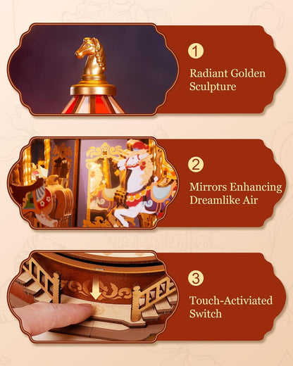 US Local ROBOTIME 3D Wooden Puzzle Classic Carousel Music Box With LED Lights, Model Kits For Adults To Build, Gear Model Building Construction Craft Kits