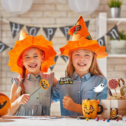 US Local Set Of 25Pcs Halloween Party Striped Decorative Straws Disposable Drinking Straws Paper Straw Decor Happy Halloween Ghost Lantern Black Cat Halloween Party Supplies