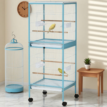 US Local 55inch 2 In 1 Bird Cage Aviary Parakeet House For Finches, Budgies With Wheels, Light Blue