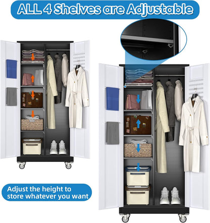 US Local Broom Closet Storage Cabinet, Metal Cabinets With 13 Hooks And Hanging Rods, Metal Storage Cabinet, Heavy Duty Cleaning Cabinet For Garage, Laundry Room