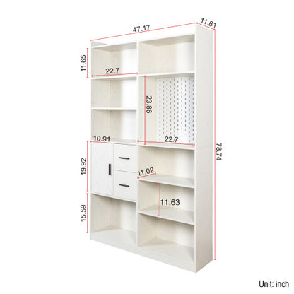 US Local Bookshelf And Bookcase With Pegboard And Drawer, 9 Cubby Display Book Shelves, Modern Wide Wood Shelving Unit For Living Room, White