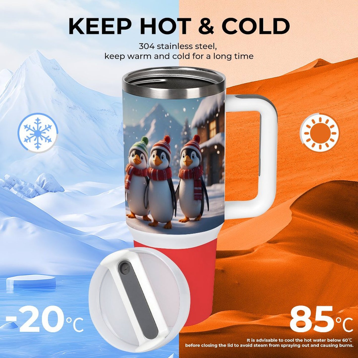 USA Local Large Capacity Car Cup Xmas Penguin_4 Red 40oz