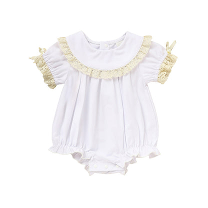 US Local Baby Girl White Lace Romper Soft & Stylish Short Sleeve Bubble Jumpsuit For Wedding Season & Summer