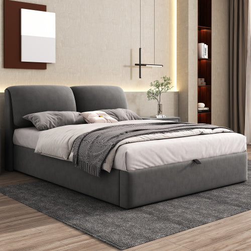UK Local Upholstered Bed,Double Bed-4ft6  135x190cm  Hydraulic Bed, Three Drawers, Bed Box For Storage, Slatted Frame With Headboard, Without Mattress, Velvet, Grey