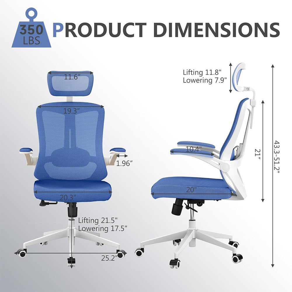 US Local Ergonomic Office Chair, High Back Computer Desk Chair Comfortable Lumbar Support - Home Office Swivel Mesh Chair With Adjustable Headrest And Backrest, Flip Armrests,PU Mute Roller, Blue
