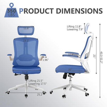 US Local Ergonomic Office Chair, High Back Computer Desk Chair Comfortable Lumbar Support - Home Office Swivel Mesh Chair With Adjustable Headrest And Backrest, Flip Armrests,PU Mute Roller, Blue