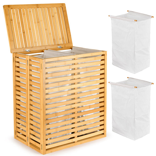 US Local Bamboo Laundry Basket With Lid - Foldable Laundry Basket With 2 Sections Of Removable Lined Pockets For Bathroom, Bedroom And Laundry