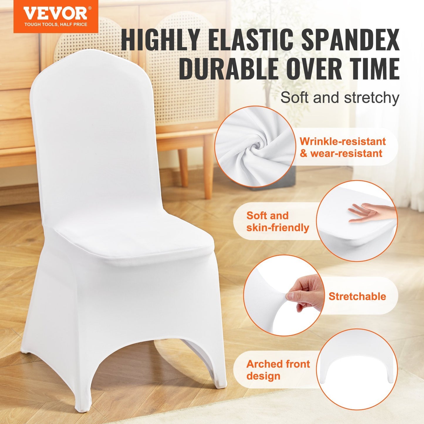 US Local VEVOR Stretch Spandex Folding Chair Covers, Universal Fitted Arched Front Cover, Removable Washable Protective Slipcovers, For Wedding, Holiday, Banquet, Party, Celebration, Dining  50PCS White
