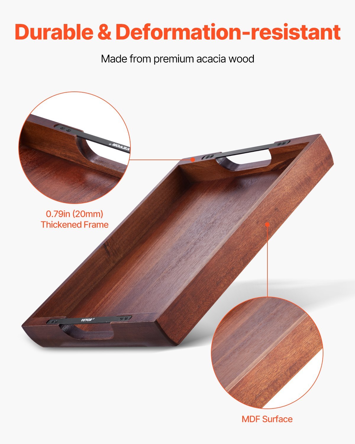 US Local Serving Tray 17x12.2 Inch Acacia Food Serving Table Laptop Desk With Handles