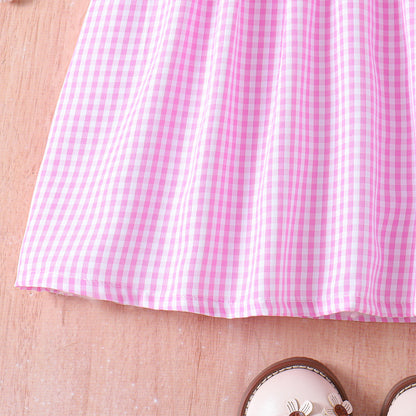 US Local Toddler Girl's Lapel Bubble Sleeve Dress, Checkered Pattern & Bunny Embroidery A-Line Summer Dress