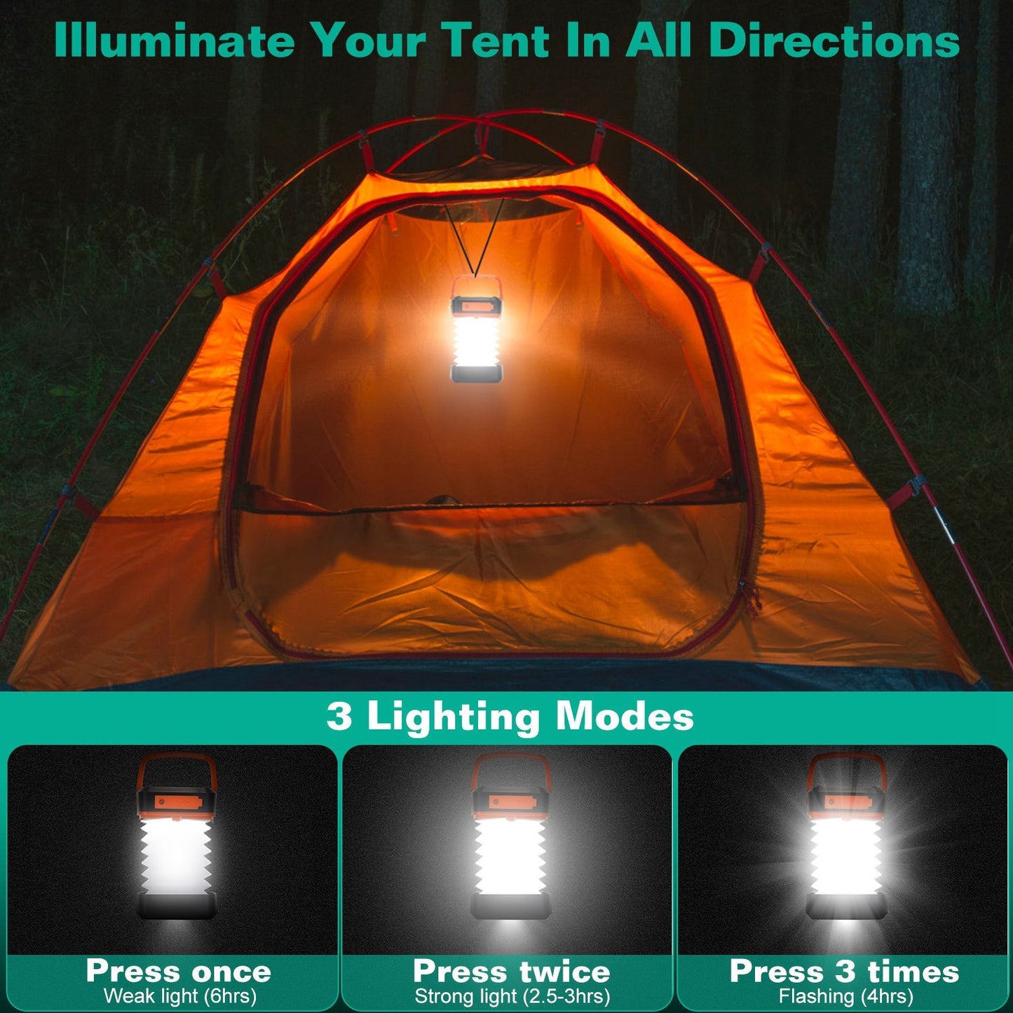 US Local Solar Camping Lantern LED Collapsible Tent Lamp USB Rechargeable Portable Emergency Camping Light For Hiking Fishing Outdoor