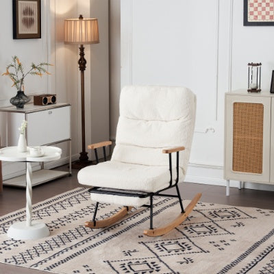 UK Local Rocking Chair, Boucle Fabric Tufted Rocking Chair, Armchair With Metal Legs And Wood Base, High Back Rocking Tub Chair With Comfortable Footrest And Adjustable Recliner For Living Room, Bedroom, White