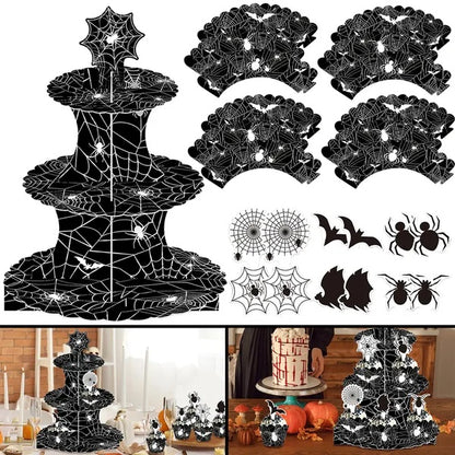 US Local 3 Tier Halloween Cupcake Stand Black Spider Web Cardboard Cupcake Stand Spider Bat Cupcake Toppers Halloween Cupcake Holder Tower For Halloween Birthday Party Supplies