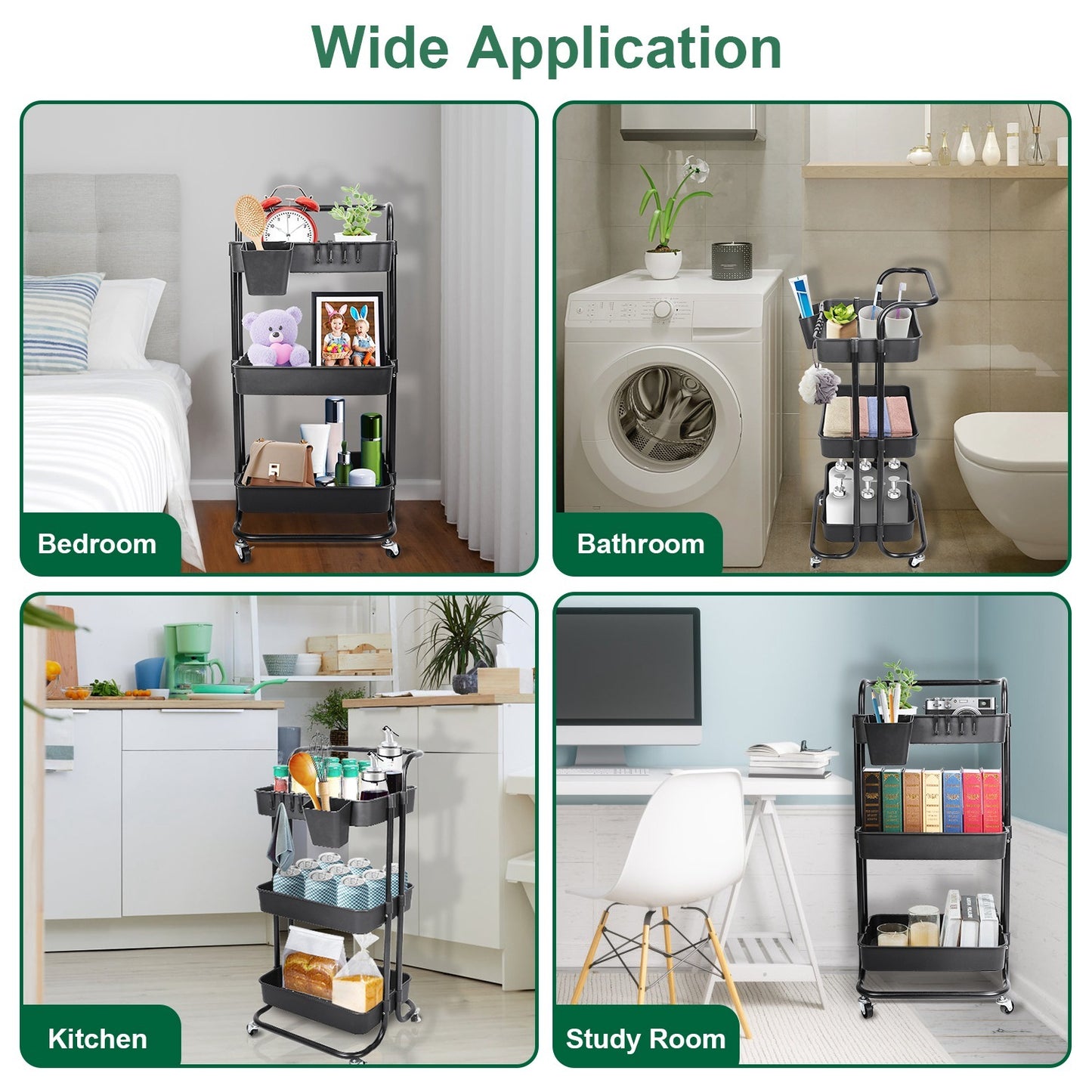 US Local Black-White Color Options 1Pc 3 Tier Rolling Utility Cart Movable Storage Organizer With Mesh Baskets Lockable Wheels 360 Degree Rotatable Hanging Box Hooks Bedroom Bathroom Kitchen