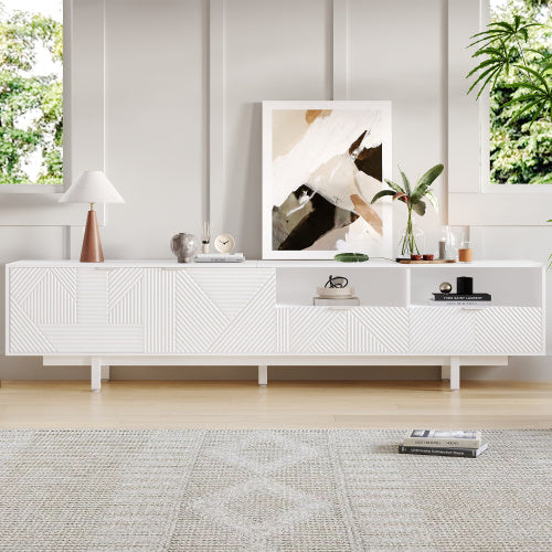 UK Local Modern Bohemian TV Cabinet, White Geometric Lines TV Stand, TV Entertainment Center With Storage Space, 200X40X51 Cm, Modern TV Stand For 90 Inch TVs, Console Media Cabinet For Living Room