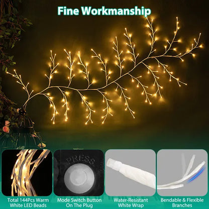 US Local Lighted Birch Garland 7.87FT Lighted Twig Vine Lights 144LED Birch Garland With Lights String Light With Timer 8 Modes IP45 Waterproof For Christmas Fireplace Home Decoration