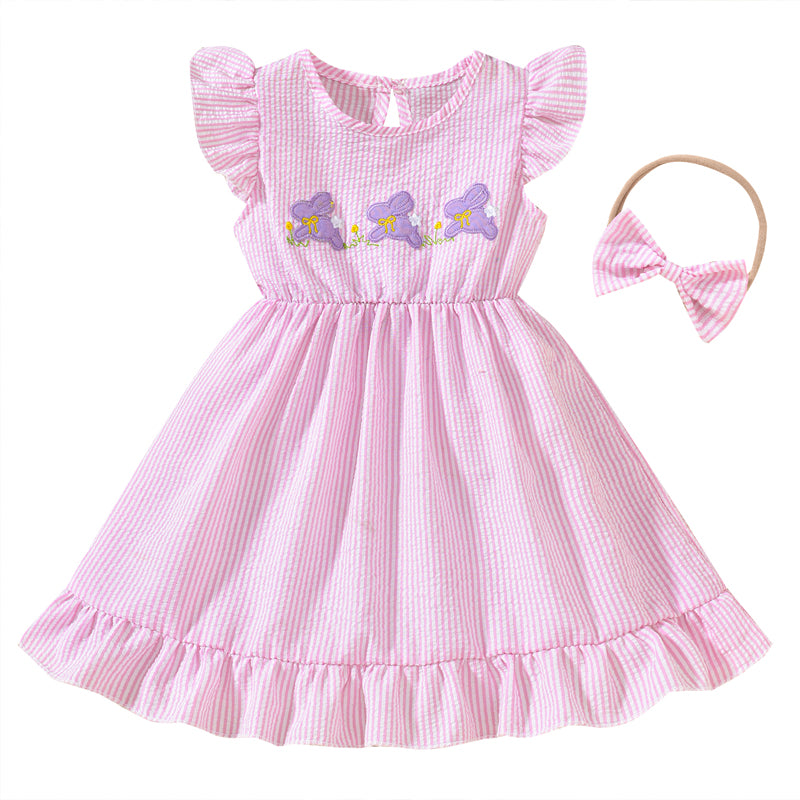 US Local Toddler Girl's Bunny Embroidered Dress, Round Neck Short Sleeve A-Line Dress With Back Button Closure