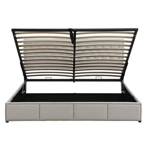 UK Local Upholstered Bed,Double Bed-4ft6 135x190cm ,with Hydraulic Lever, Functional Storage Bed, Rivet Decoration, Without Mattress, Linen, Light Grey