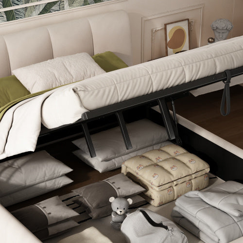 UK Local Upholstered Hydraulic Bed, For Adults And Teenagers, 4ft6 Double Bed 135x190cm, Under-bed Storage Space, Soft Headboard, MDF  Velvet  Plywood, White