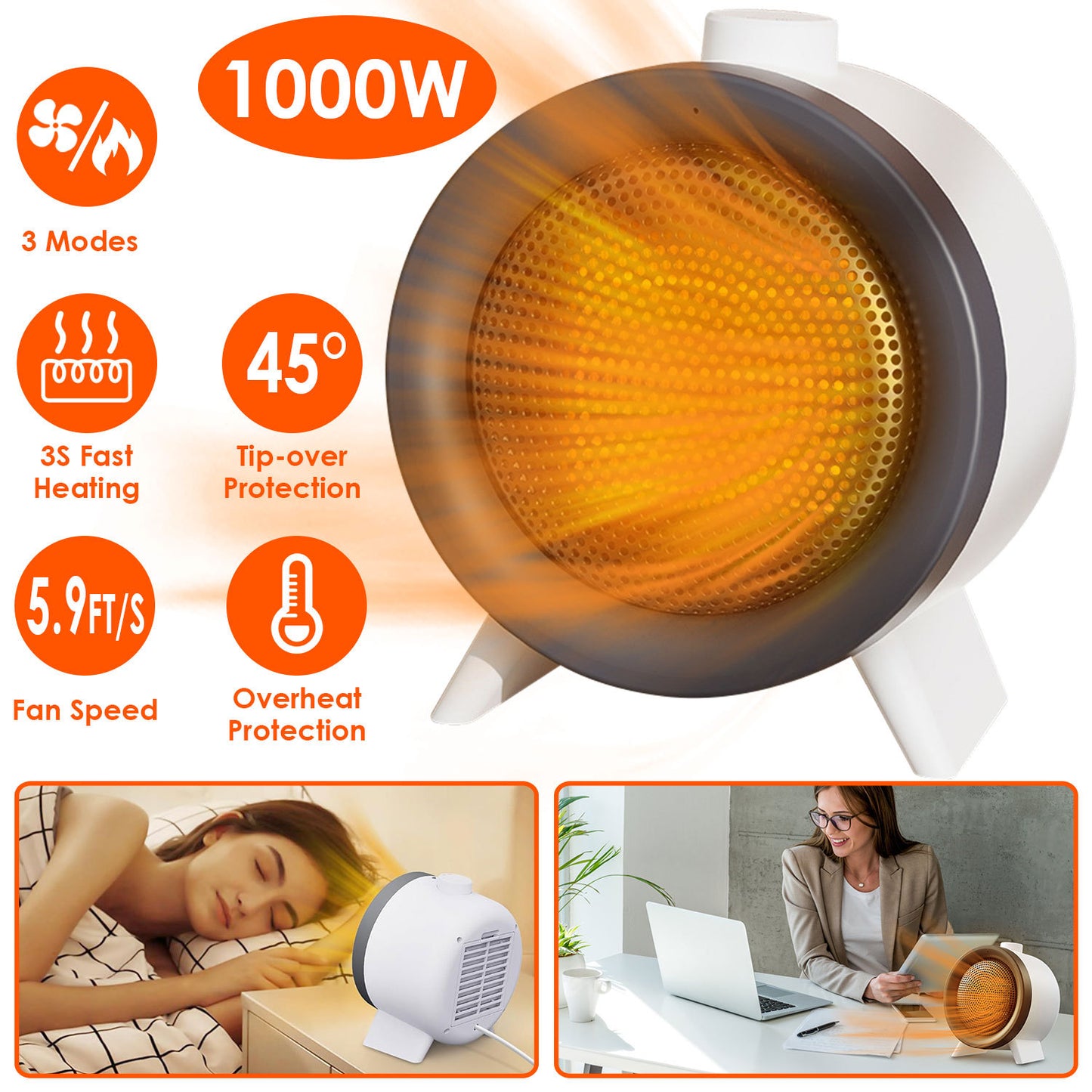 US Local 1Pc  Electric Space Heater Ceramic Heater Fan Heating Fan With 3 Modes 3S Fast Heating Tip-over Overheating Protection For Home Office Dormitry