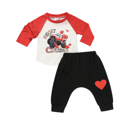 US Local 2pcs Baby Boy's 'Heart Crusher' Print Valentine's Day Set, Long Sleeve T Shirt Top & Black Heart Print Pants
