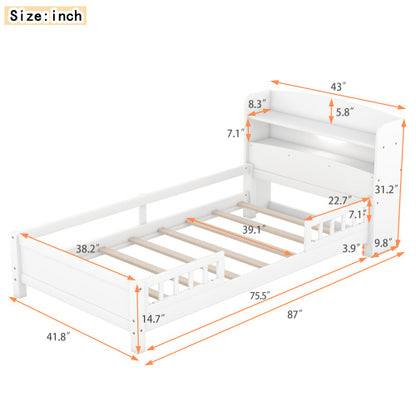 US Local Wood Twin Size Platform Bed With Built-in LED Light, Storage Headboard And Guardrail, White