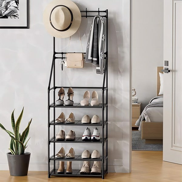 US Local 5 Tiers Shoe Rack For Entryway, Narrow Shoe Rack, Coat And Shoe Rack With 8 Hooks - Not Shipped On Weekends