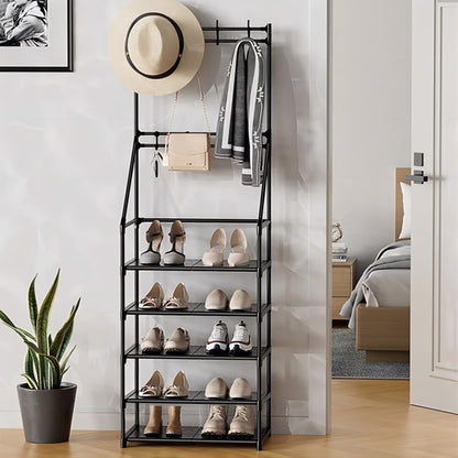 US Local 5 Tiers Shoe Rack For Entryway, Narrow Shoe Rack, Coat And Shoe Rack With 8 Hooks - Not Shipped On Weekends