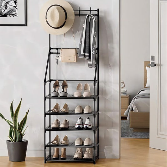 US Local 5 Tiers Shoe Rack For Entryway, Narrow Shoe Rack, Coat And Shoe Rack With 8 Hooks - Not Shipped On Weekends