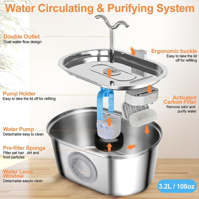 US Local 3.2L Cowhorn Model Pet Water Dispenser - Stainless Steel Automatic Water Fountain With 4 Replaceable Filters