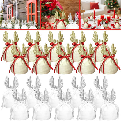 US Local 5Pcs Christmas Antler Gift Bags With Drawstring Flannel Gift Pouches Reusable Xmas Party Gift Wrapping Bag For Xmas New Year Birthday Wedding Winter Party Supplies