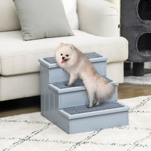 UK Local PawHut 3 Step Wooden Dog Steps Pet Stairs For Dogs, Cat Ladder For Bed Couch With Storage Grey