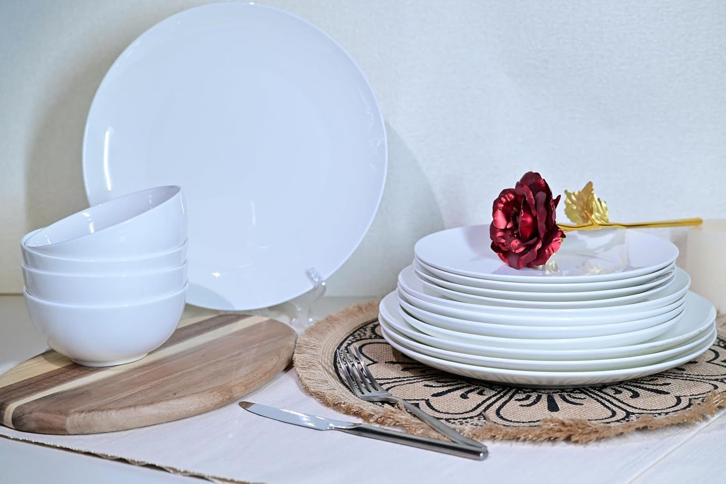 US Local Jasmine Bone China Dinnerware Set, 16 Pieces, Service For 4, White Plates, Dishes, Bowls Set, Microwave And Dishwasher Safe