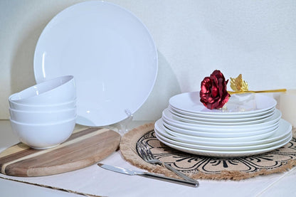 US Local Jasmine Bone China Dinnerware Set, 16 Pieces, Service For 4, White Plates, Dishes, Bowls Set, Microwave And Dishwasher Safe