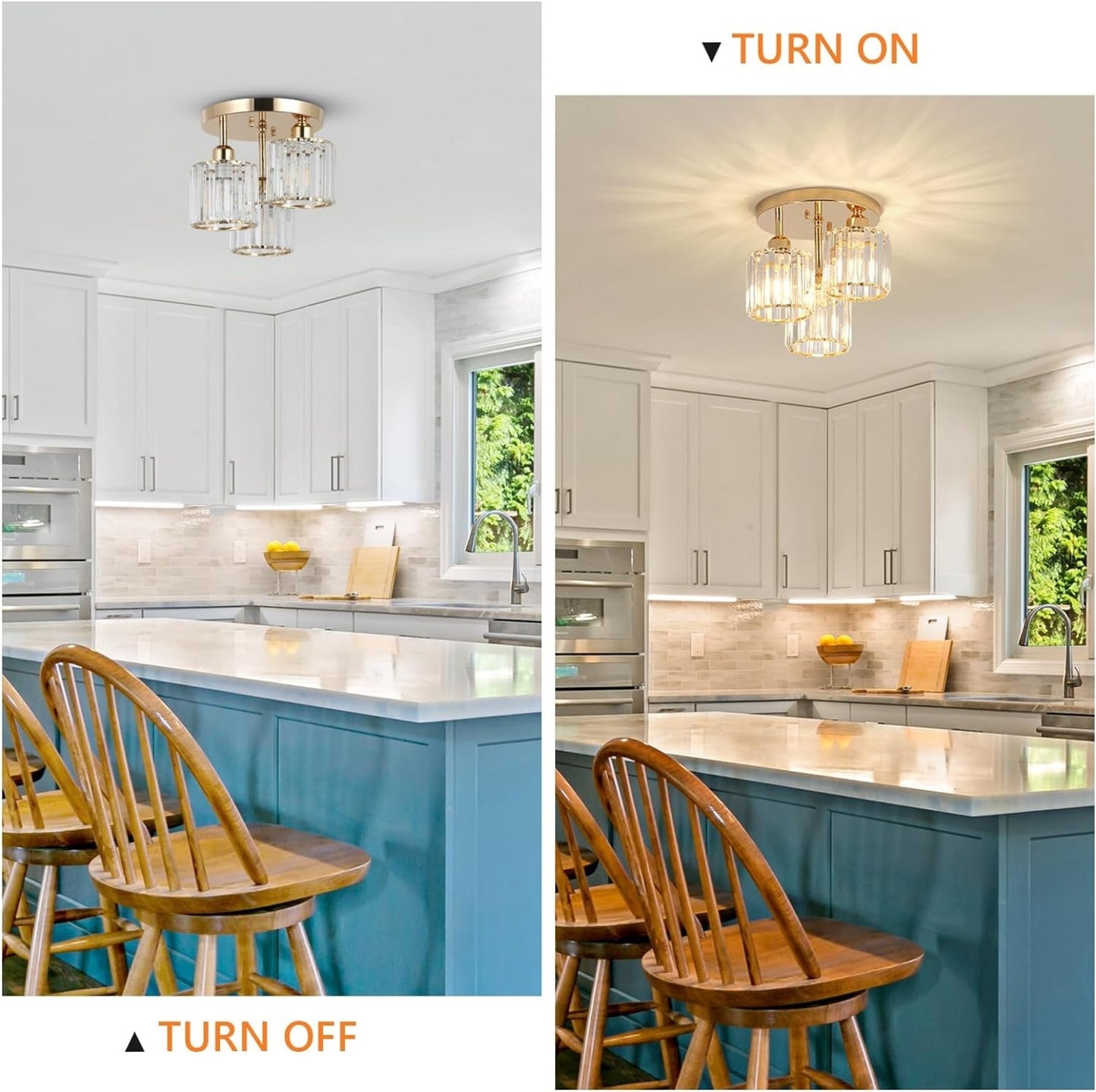 US Local Modern Semi Flush Mount Ceiling Light,3-Light Crystal Close To Ceiling Light Fixtures,Golden Kitchen