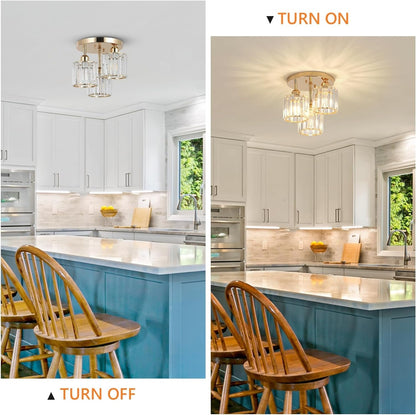 US Local Modern Semi Flush Mount Ceiling Light,3-Light Crystal Close To Ceiling Light Fixtures,Golden Kitchen