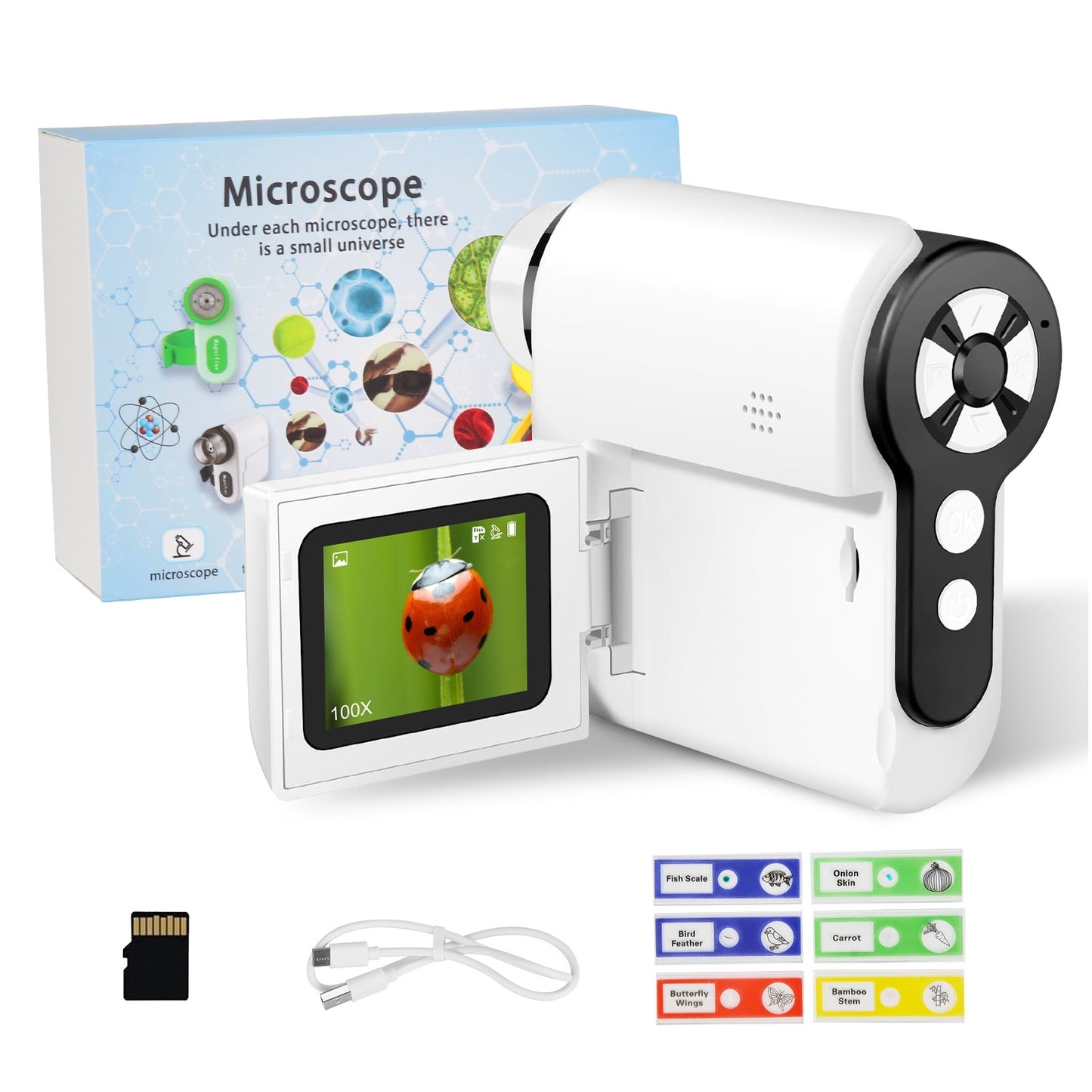 US Local 1Pc 3 In 1 Kids Microscope Telescope Camera 1,000X Handheld USB Mini Microscope With LED Light 6 Sample Slides 32G MMC Card For Boys Girls Aged 6 Years Old