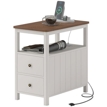 US Local HOMCOM Modern End Table With Charging Station And USB Ports, Narrow Side Table With Drawers & Shelf For Living Room, White