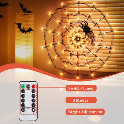 US Local 3.28FT Spider Web Light With Hairy Spider 70LED Battery Powered Remote Control 8 Lighting Modes Glowing Outdoor Indoor Wall Halloween Decoration